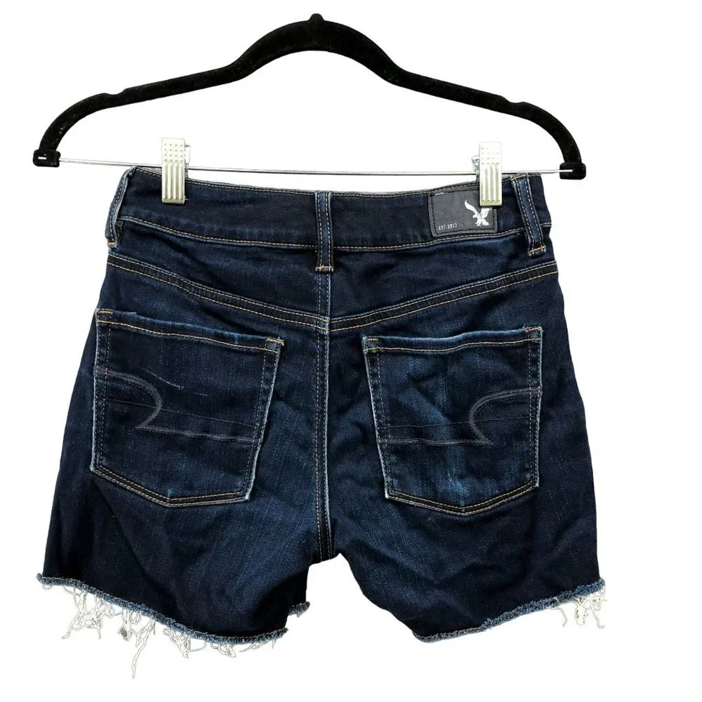 American Eagle Hi-Rise‎ Shortie Denim Shorts Womens 2 Blue Dark Wash Cutoff